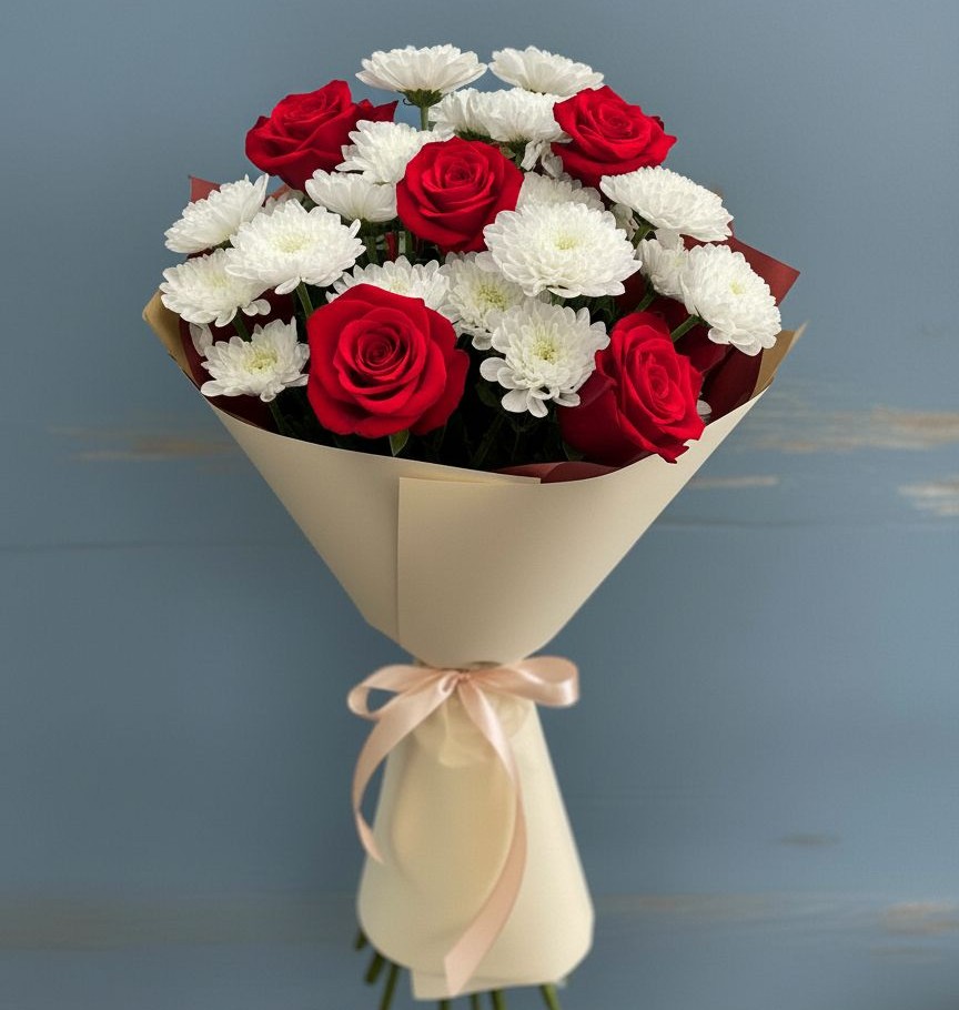 Букет цветов из: Розы и Хризантемы в Чебаркуле