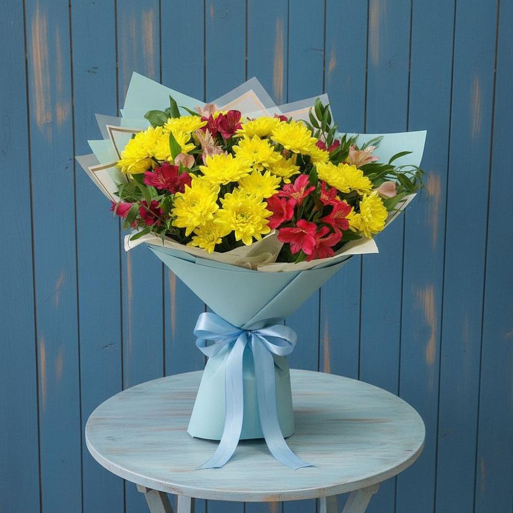 Букет цветов из: Альстромерии и Хризантемы в Чебаркуле