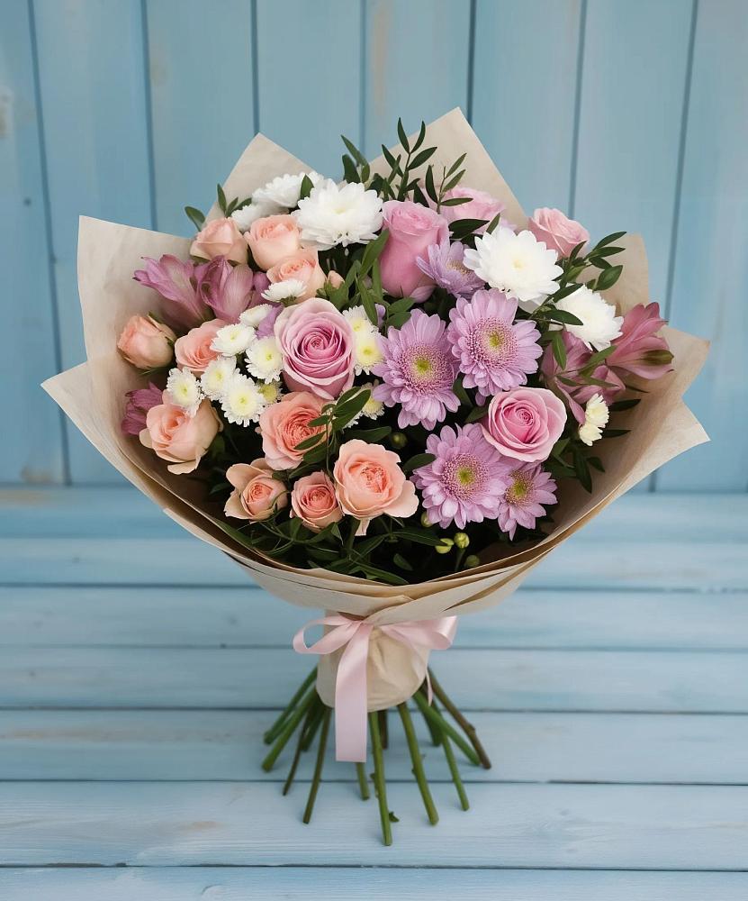 Букет цветов из: Хризантемы, Розы и Альстромерии в Чебаркуле