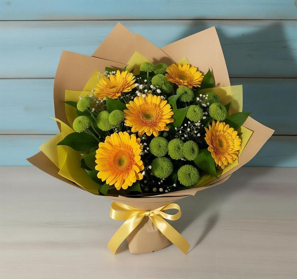 Букет цветов из: Герберы и Хризантемы в Чебаркуле