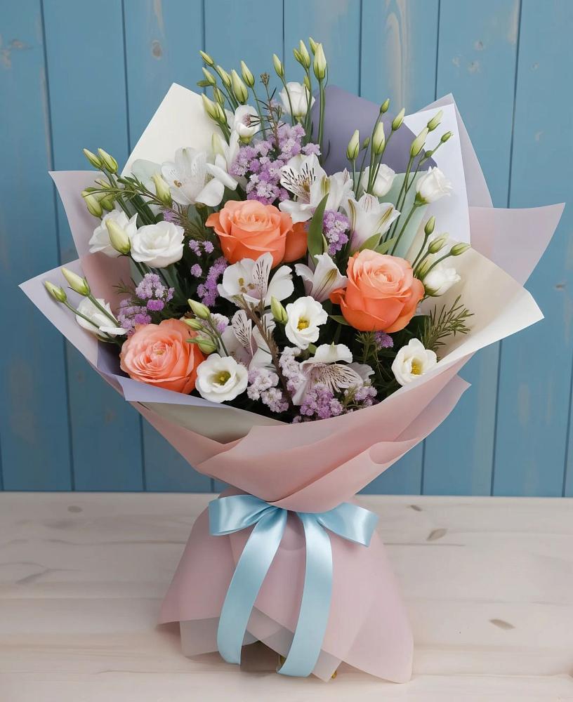 Букет цветов из: Лизиантусы, Розы, Альстромерии и Гипсофила в Чебаркуле