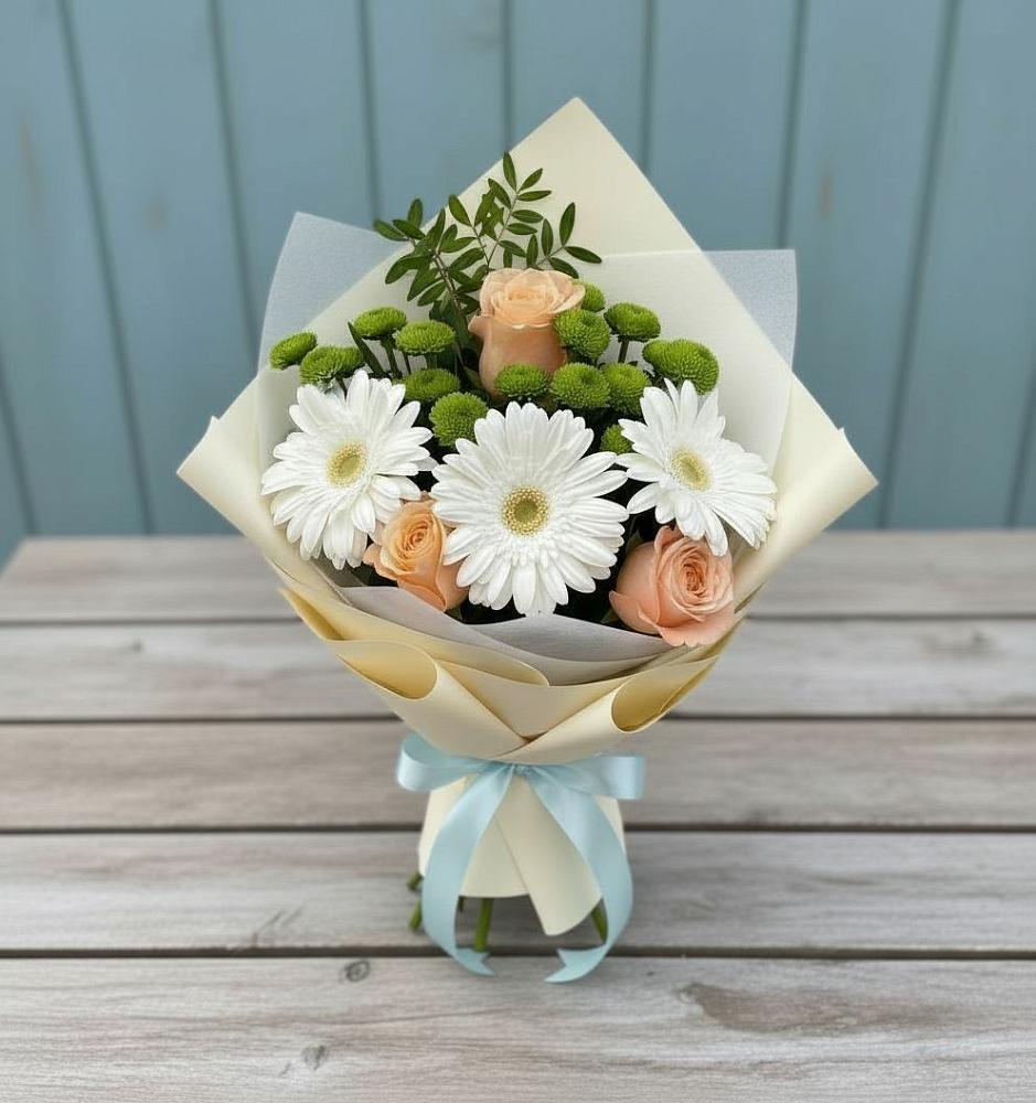 Букет цветов из: Герберы, Розы и Хризантемы в Чебаркуле