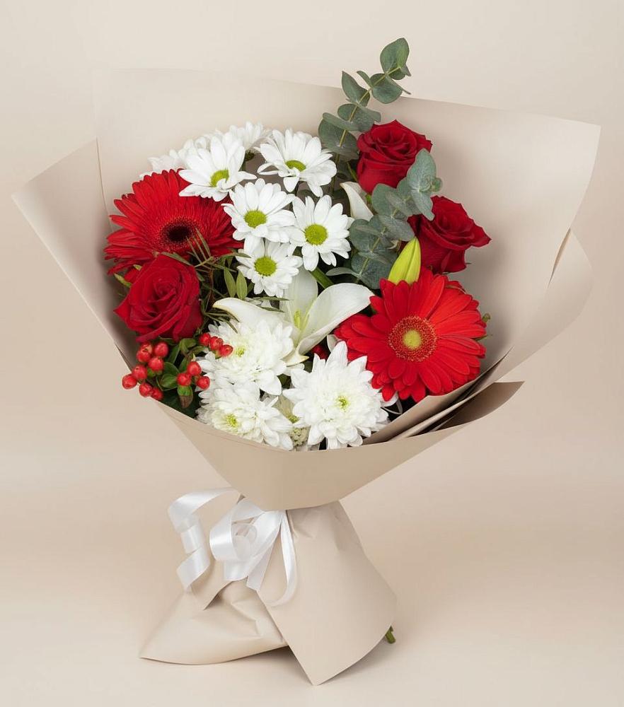 Букет цветов из: Розы, Хризантемы, Герберы и Лилии в Чебаркуле