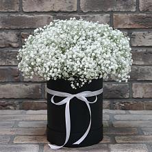 Цветочная композиция из Гипсофила в шляпной коробке в Чебаркуле