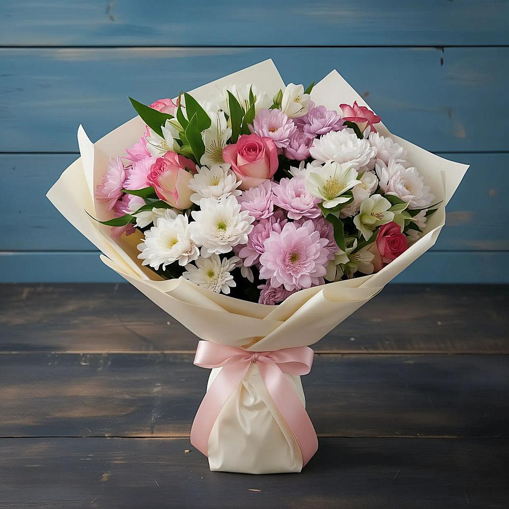 Букет цветов из: Хризантемы, Альстромерии и Розы в Чебаркуле